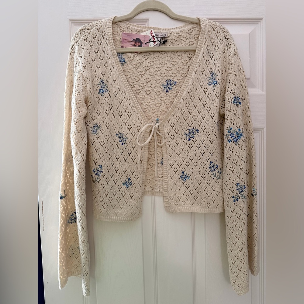 Sincerly Jules Cream Openwork Tie-Front Cardigan with Blue Floral Embroidery